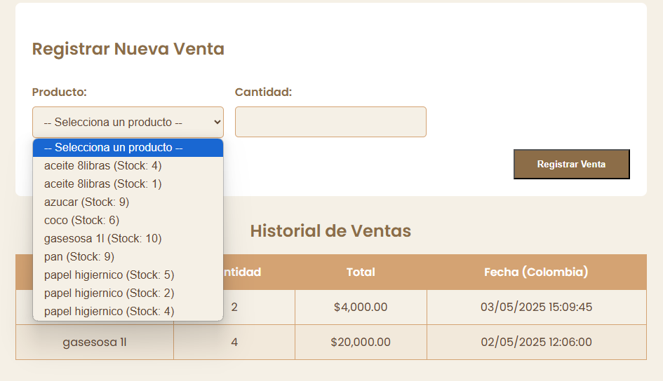 Selección de Producto y Cantidad al registrar una venta