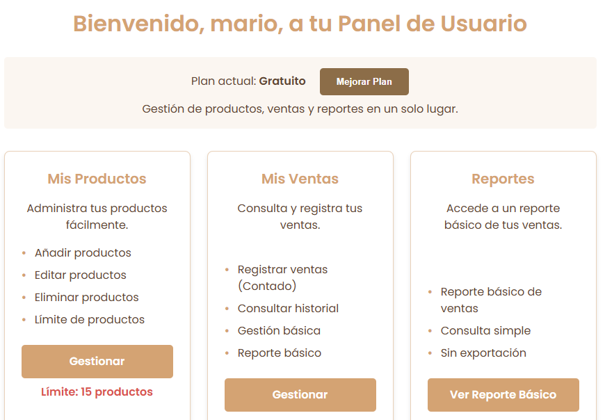 Panel Principal de Usuario con secciones Productos, Ventas y Reportes